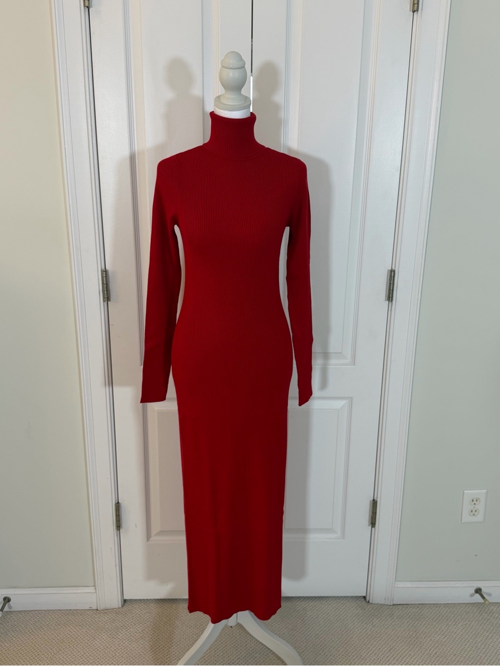 Moda International Red Ribbed Turtleneck Maxi Dress